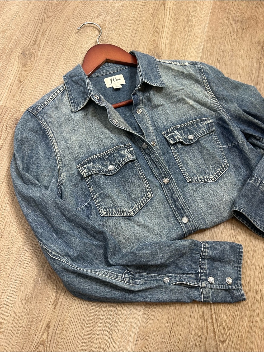J. Crew 100% Cotton Denim Pearl Snap Button Down Collared Long Sleeve Top